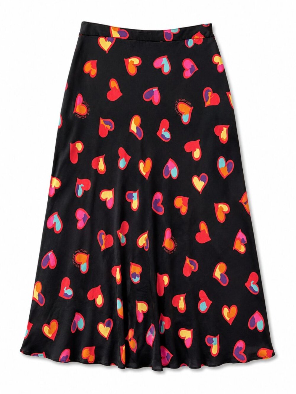 Boutique Moschino Black Heart Print Flared Midi Skirt A-Line US 8 IT 42